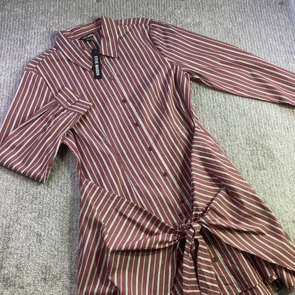 Steve Madden Alison Dress Dusty Brick Striped Tie Front Shirt Dress Size XL NWT